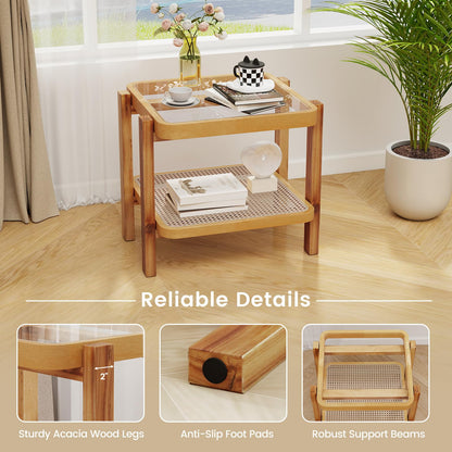 Goflame Rattan Side Table, Boho End Table for Living Room, Narrow Bedside Table with Tempered Glass Top