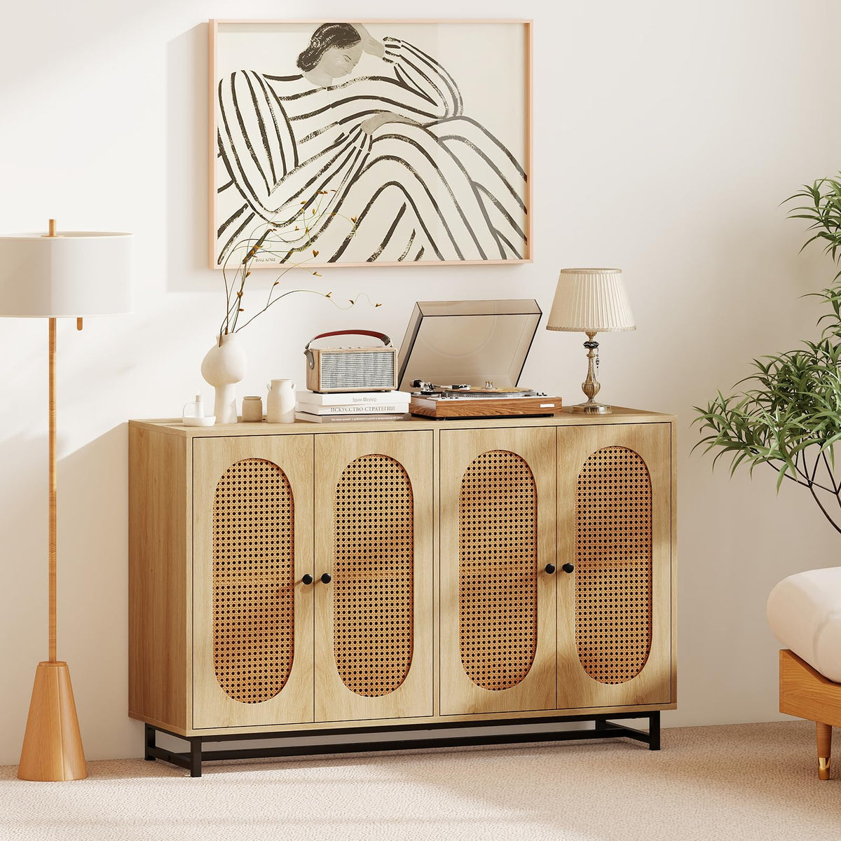 Goflame 50" PE Rattan Sideboard Buffet Cabinet with 4 Doors and Adjustable Shelves