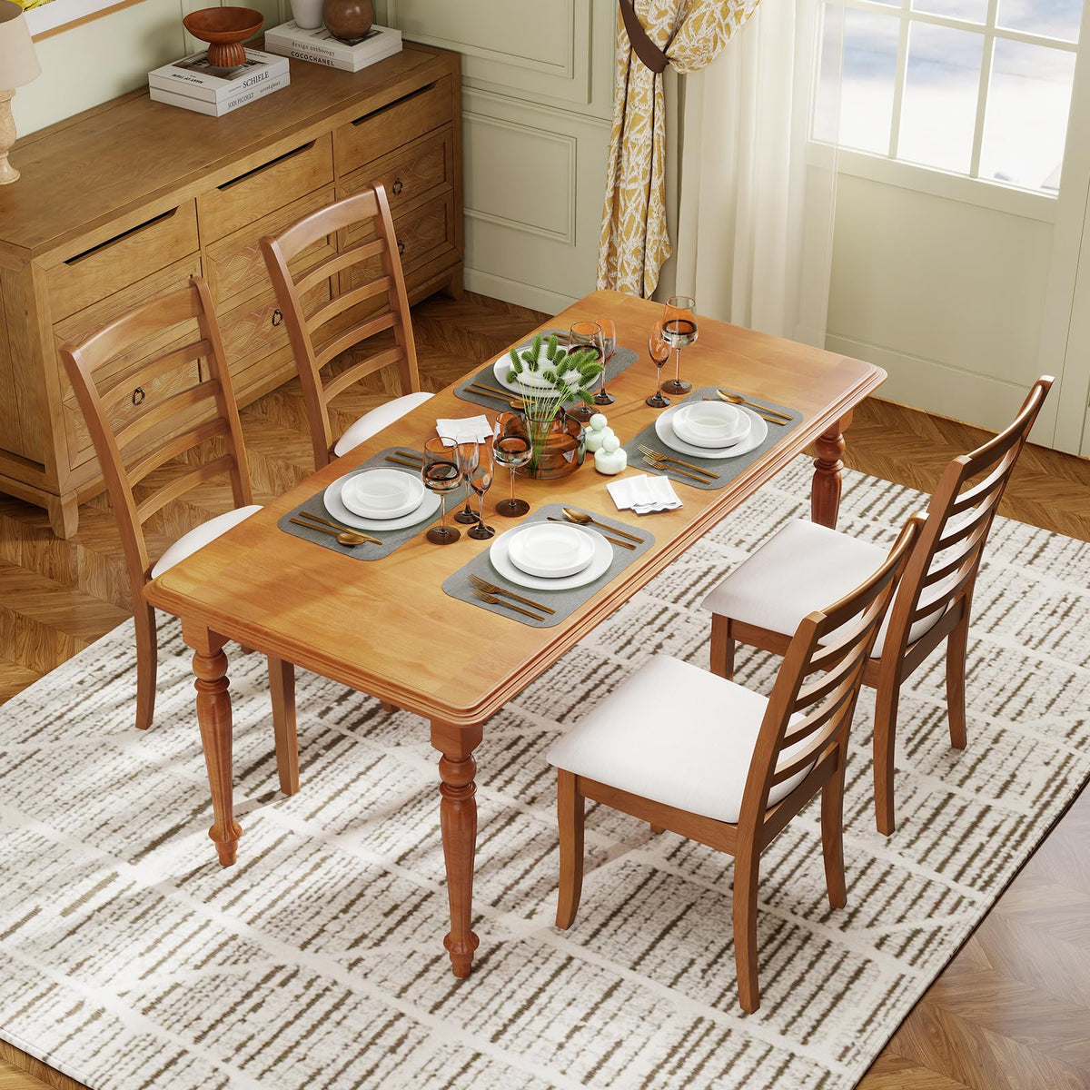 Goflame Wooden Dining Chair Set of 2 or 4 w/Rubber Wood Legs High Slatted Backrest