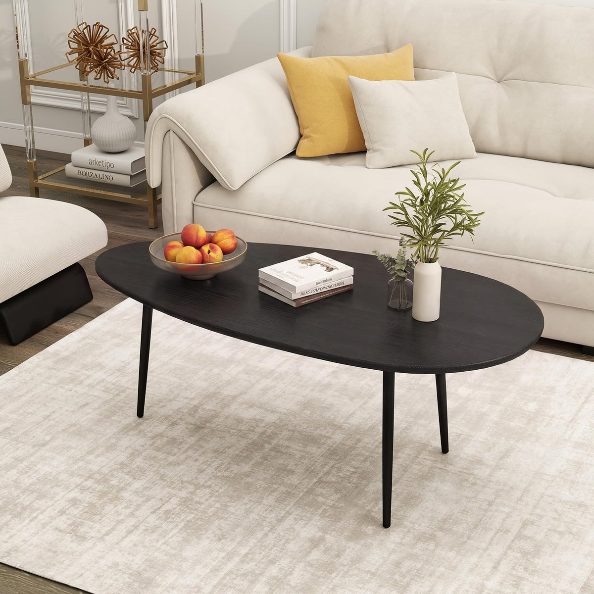 Goflame Oval Coffee Table | Mid Century Modern Center Table with Sturdy Metal Frame and Compact Design