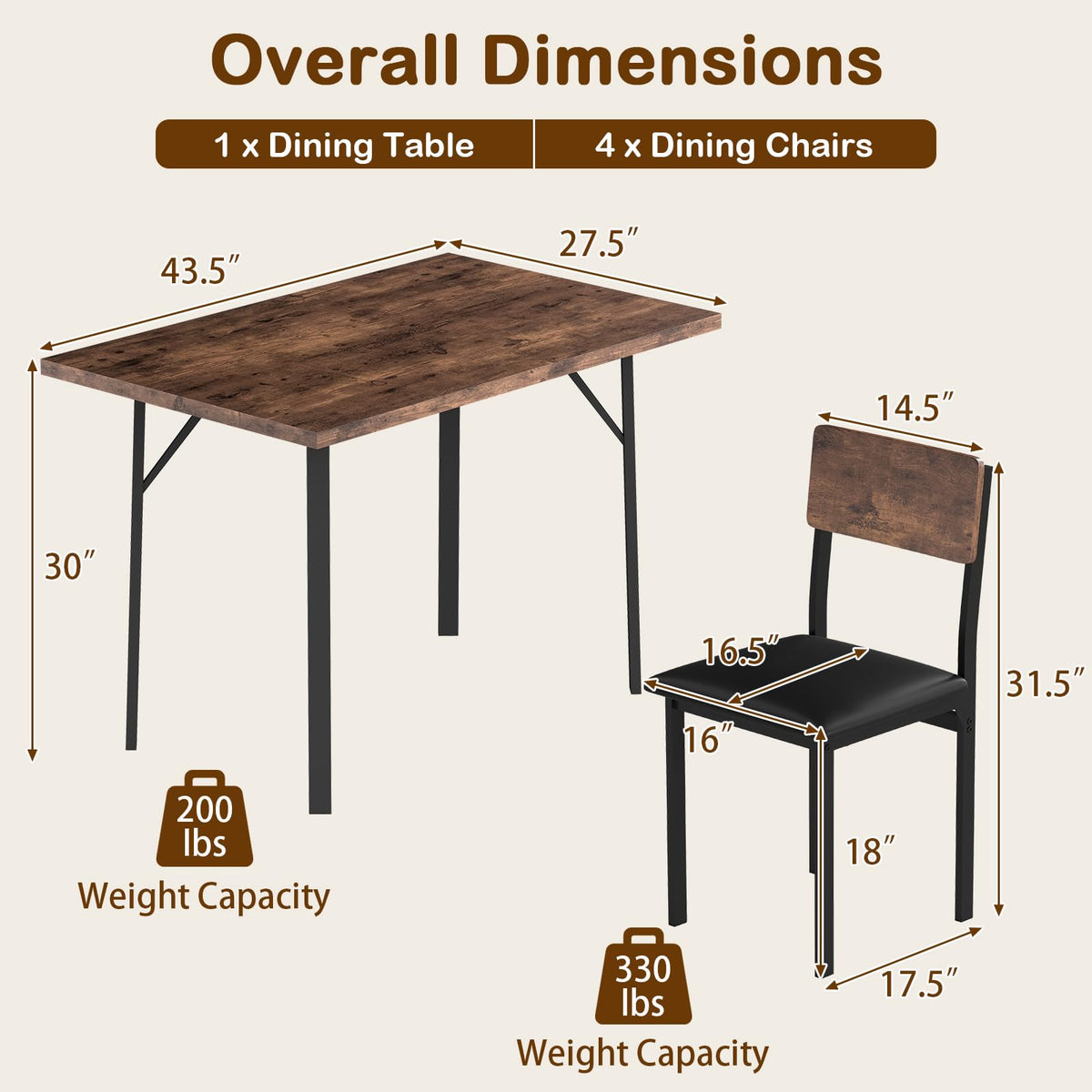 Goflame 5-Piece Dining Table Set for 4 People Industrial Kitchen Table and 4 PU Leather Chairs