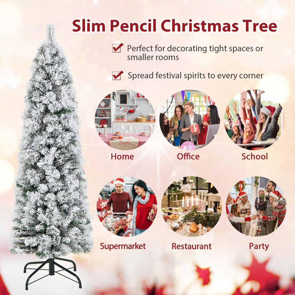 Goflame Pre-Lit Snow Flocked Pencil Christmas Tree for Home Office Holiday Decor