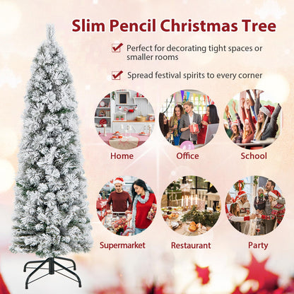 Goflame Pre-Lit Snow Flocked Pencil Christmas Tree for Home Office Holiday Decor