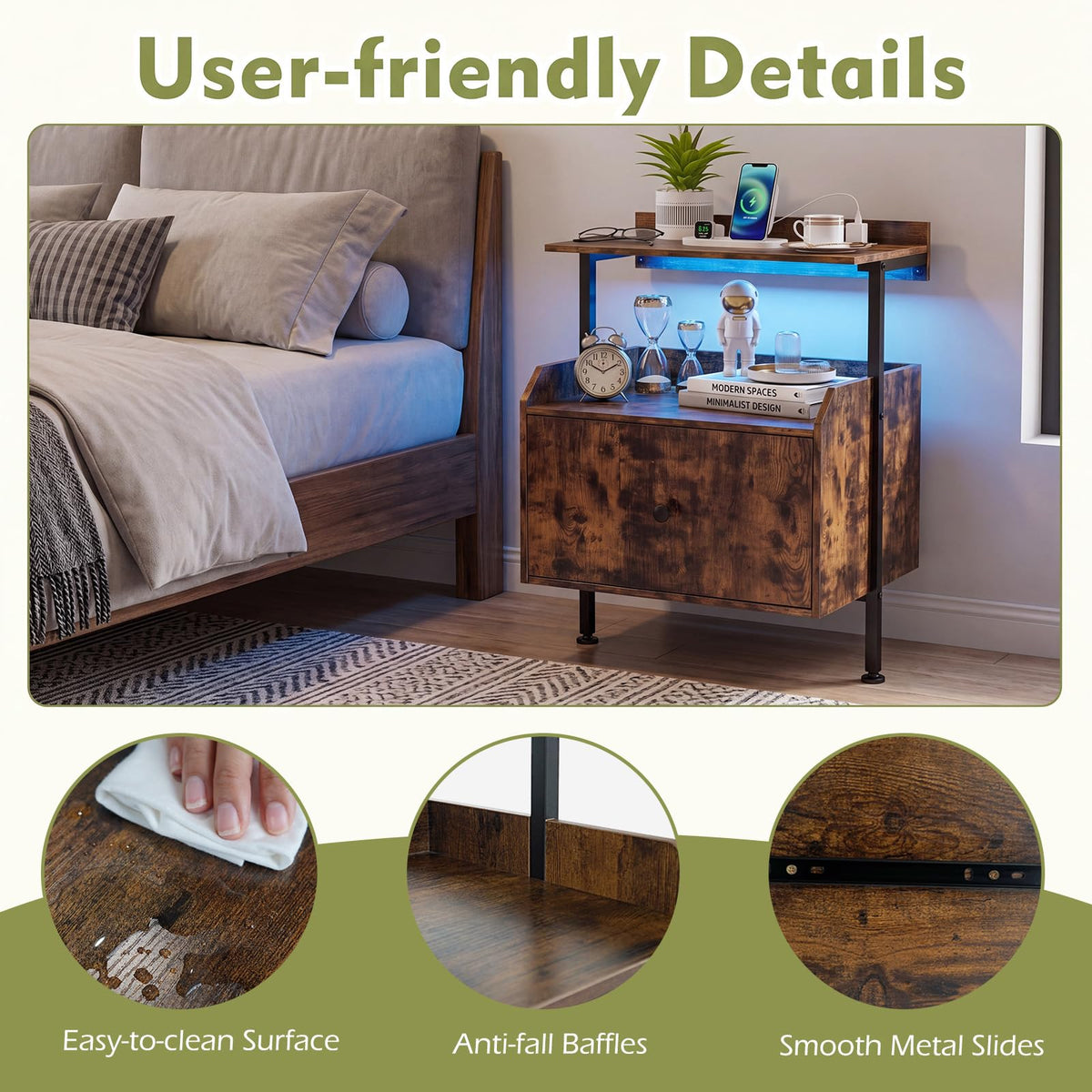 Goflame Nightstand w/Charging Station & LED Light (1/2)