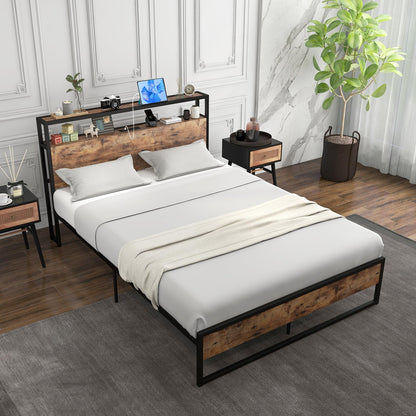 Goflame Full Bed Frame with Storage Headboard and Charging Station, with Outlets and USB Ports