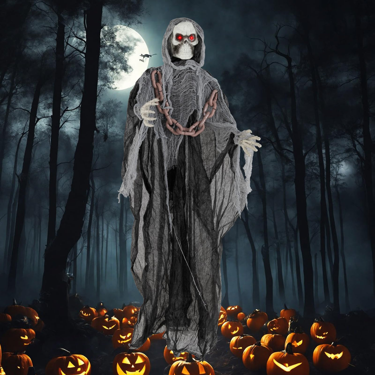 Goflame 6.4 FT Halloween Animatronic Standing Grim Reaper, Halloween Decoration with Chain
