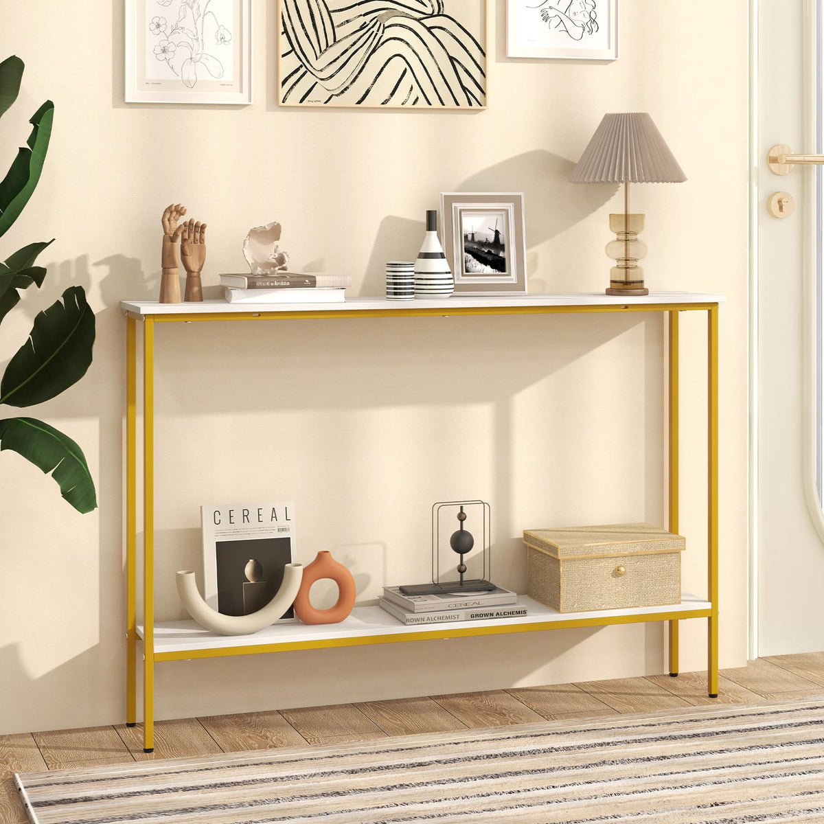 Goflame Gold Console Table with Shelf, 44" Narrow Entryway Table w/Dual Anti-Tipping Kits & Golden Metal Frame