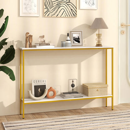 Goflame Gold Console Table with Shelf, 44" Narrow Entryway Table w/Dual Anti-Tipping Kits & Golden Metal Frame
