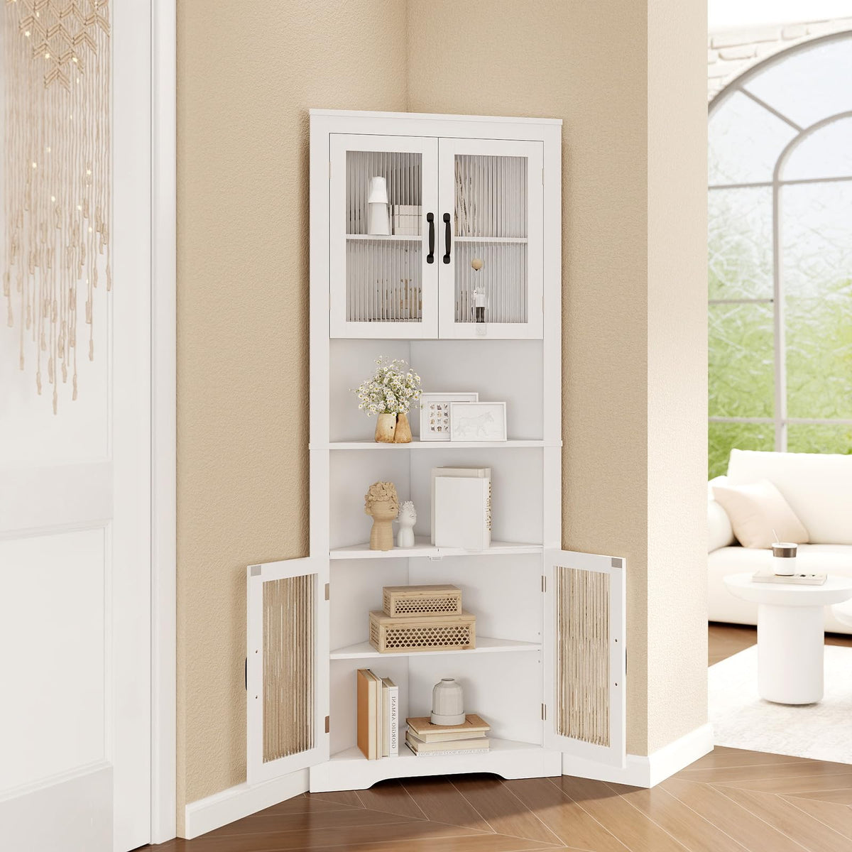 Goflame 67" Tall Corner Cabinet Space-Saving Triangular Storage Cabinet w/ 4 Tempered Glass Doors