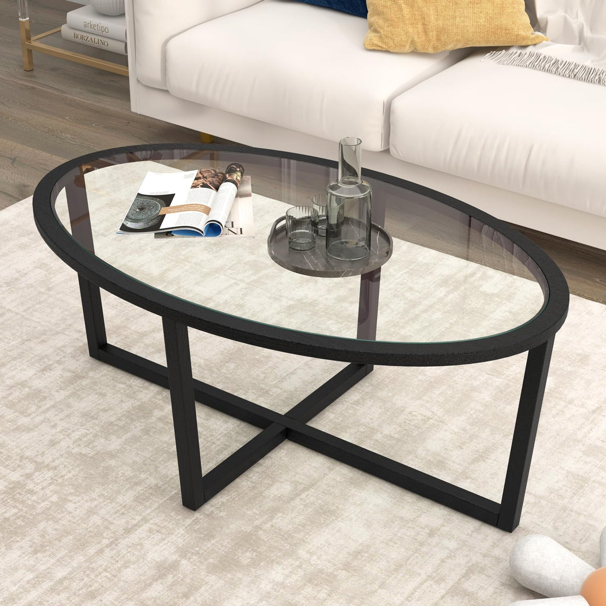 Goflame Glass Coffee Table, 46.5" Oval Accent Sofa Tea Table with Tempered Glass Top, Cross Base & Acacia Wood Legs
