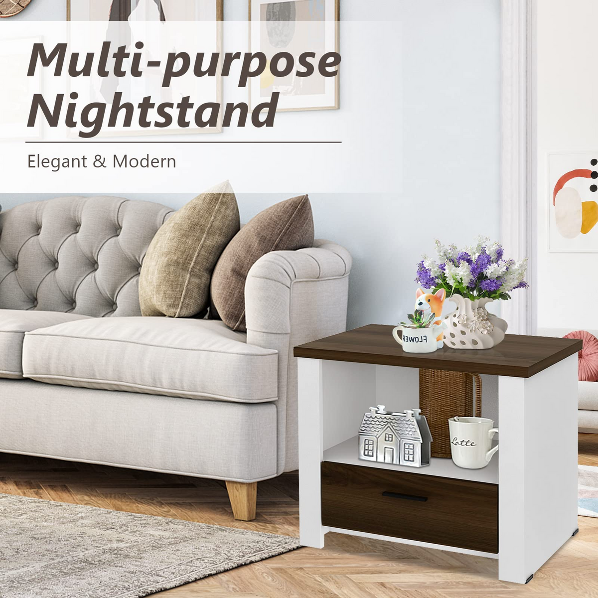 Goflame Nightstand, End Table with Glide Sliding Drawer & Open Cabinet, Modern Sofa Side Table for Living Room