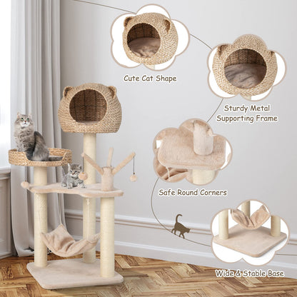 Goflame Wooden Cat Tree, 48 inches Cat Tower with Cattail Condo, Cat Bed, Hammock, Rotatable Jingling Balls