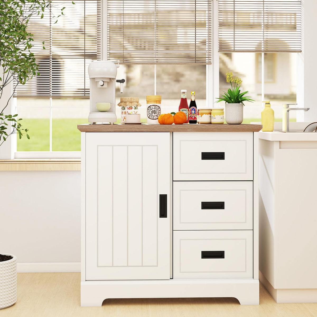Goflame Small Sideboard Buffet Cabinet Farmhouse Kitchen Storage Cabinet with Fluted Sliding Door