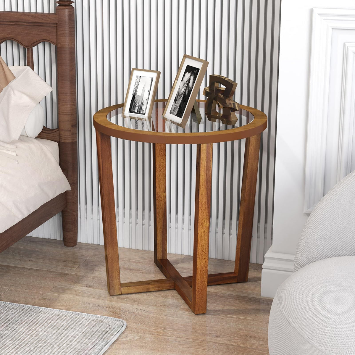 Goflame Glass Round End Table, Sofa Side Table with Transparent Tempered Glass Top