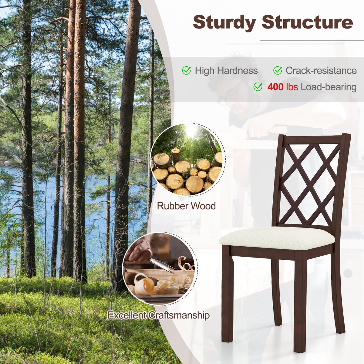 Goflame Wood Dining Chairs Set of 2, Farmhouse Kitchen Chair with Rubber Wood Legs, Max Load 400 Lbs
