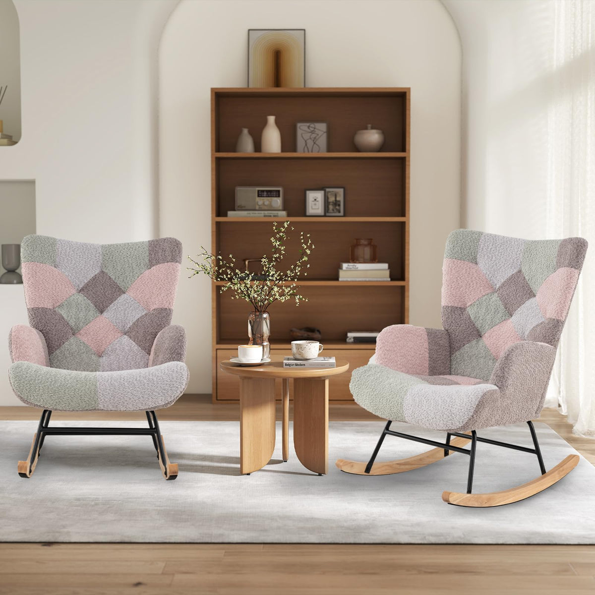 Goflame Rocking Chair Nursery Teddy Upholstered Glider Rocker w/Ergonomic High Backrest