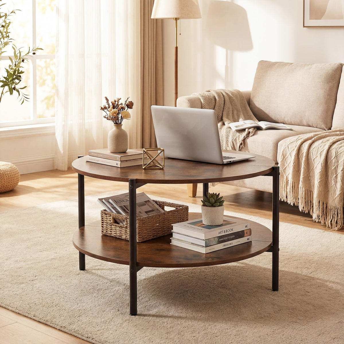Goflame 33.5" Small Center Table with Open Storage Shelf and Heavy-Duty Metal Frame