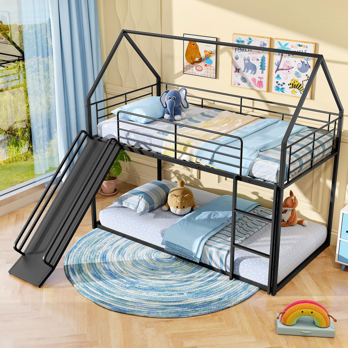 Goflame Twin Over Twin Bunk Bed with Slide & Ladder House-Shaped Metal Bunk Bed Frame with Safety Guardrail & Roof