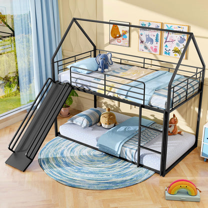 Goflame Twin Over Twin Bunk Bed with Slide & Ladder House-Shaped Metal Bunk Bed Frame with Safety Guardrail & Roof