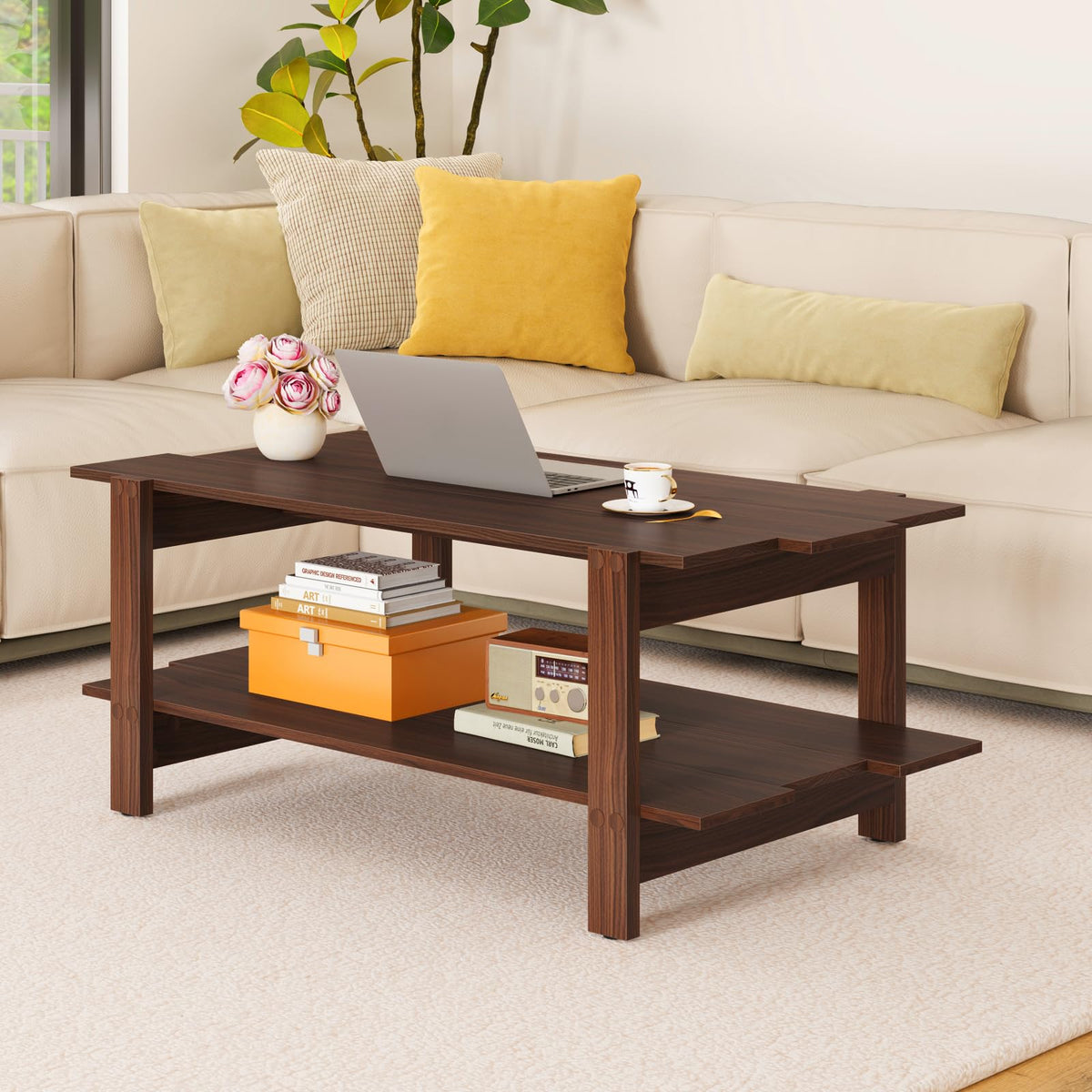 Goflame 2-Tier Coffee Table with Storage Shelf