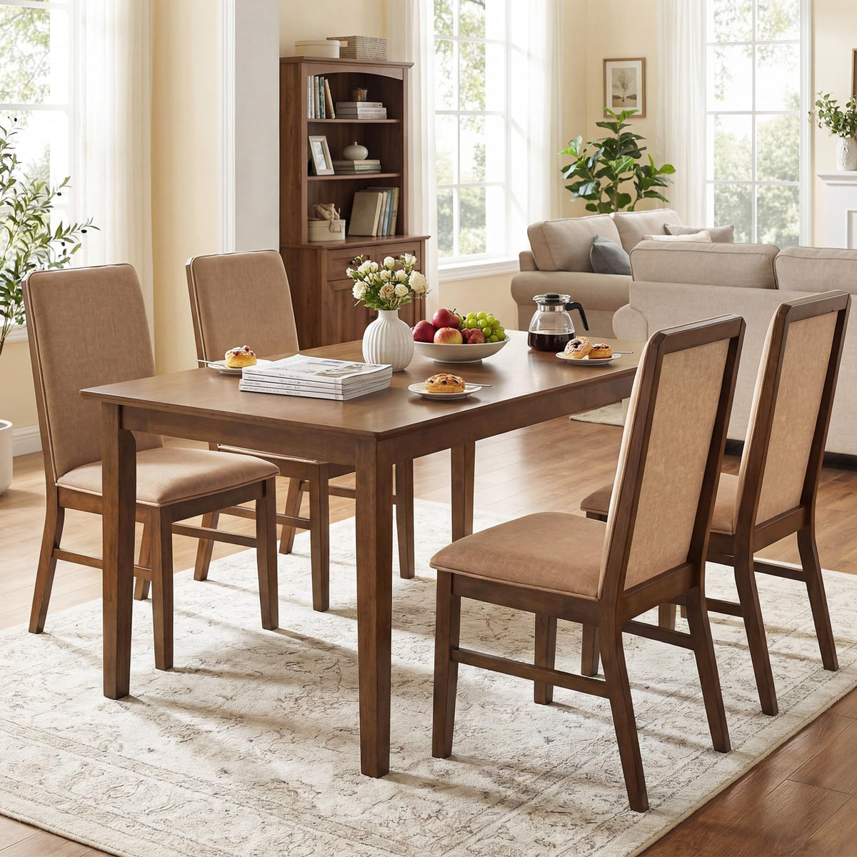 Goflame Upholstered Dining Chairs | High Back Padded Fabric Kitchen Chairs with Solid Rubber Wood Legs