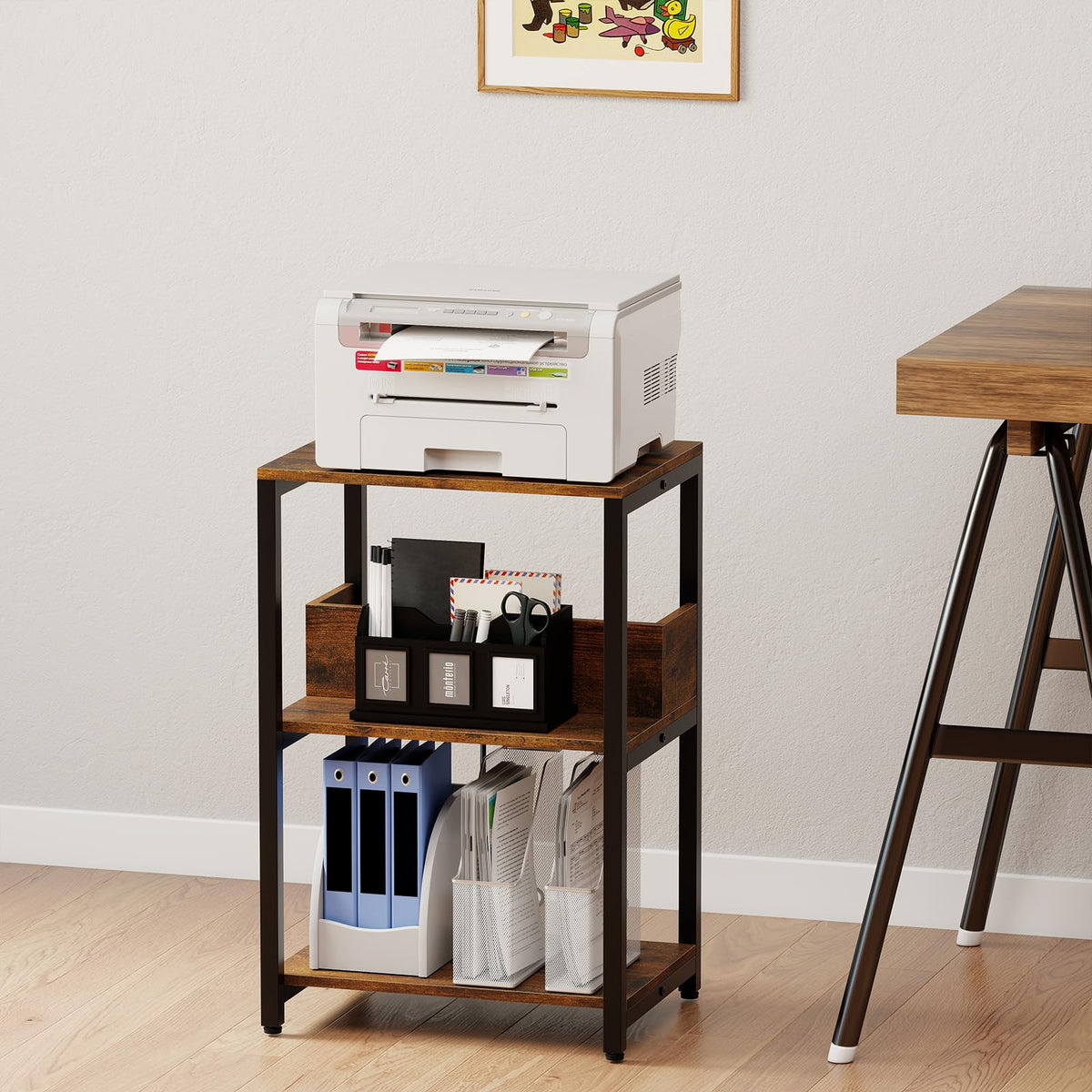 Goflame Side Table with Charging Station - Industrial 3-Tier Bedside Table w/Open Storage Shelves