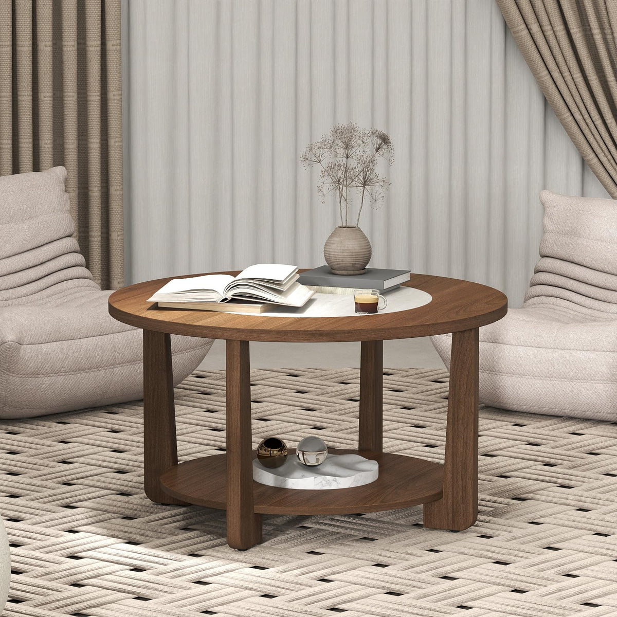 Goflame 2-Tier Round Farmhouse Living Room Coffee Table with 2-Tone Tabletop