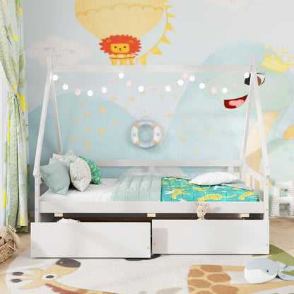 Goflame Twin Bed with 2 Storage Drawers, Wood Montessori House Tent Bed Frame with Safety Guardrail
