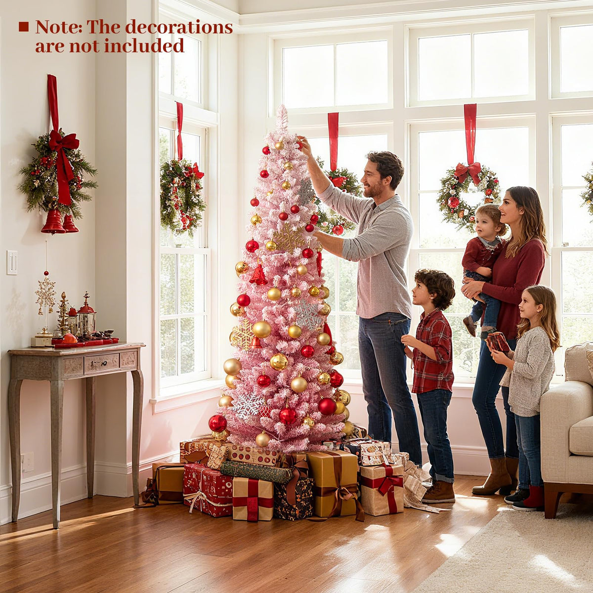 Goflame 6ft / 7ft Pink Slim Pencil Christmas Tree | Pre-lit Snow Flocked Artificial Skinny Xmas Tree