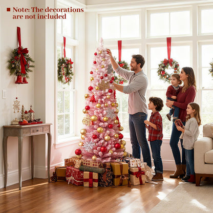 Goflame 6ft / 7ft Pink Slim Pencil Christmas Tree | Pre-lit Snow Flocked Artificial Skinny Xmas Tree