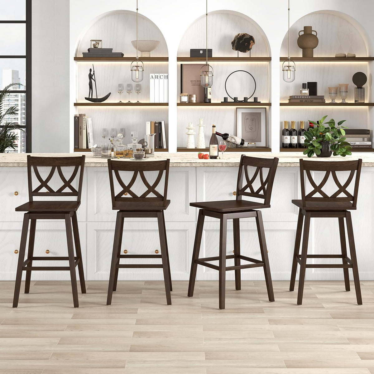 Goflame 29" Bar Stools Set of 2/4, Swivel Wooden Bar Chairs with Rubber Wood Frame, for Kitchen Island, Restaurant & Pub, Dark Grey
