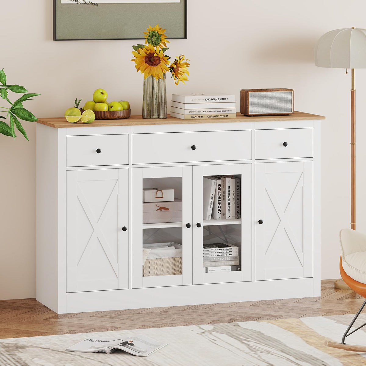 Goflame 55" Large Buffet Sideboard with 3 Drawers & 2 See-Through Doors
