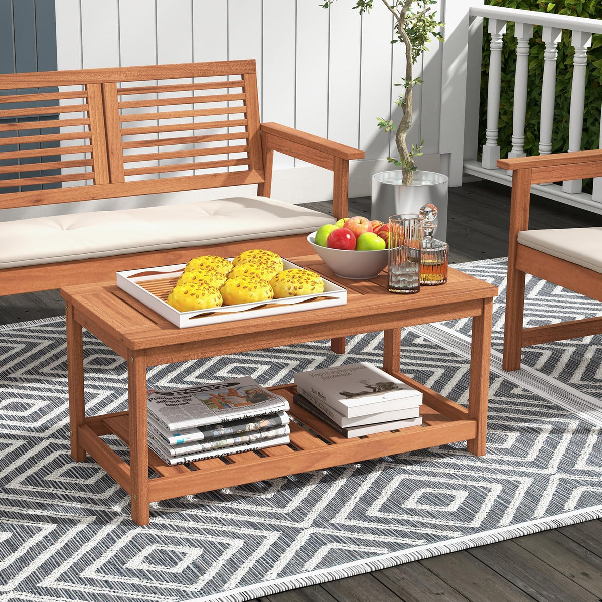 Goflame Hardwood Patio Coffee Table - 2-Tier Wooden Coffee Table