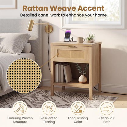 Goflame Rattan Night Stand with Drawer and Open Shelf (1/2)