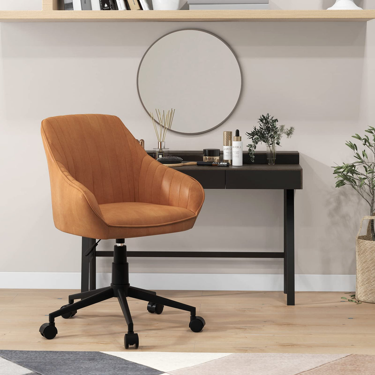 Goflame Leather Office Chair Brown, Mid Century Desk Chair with Wheels and Ergonomic Armrests