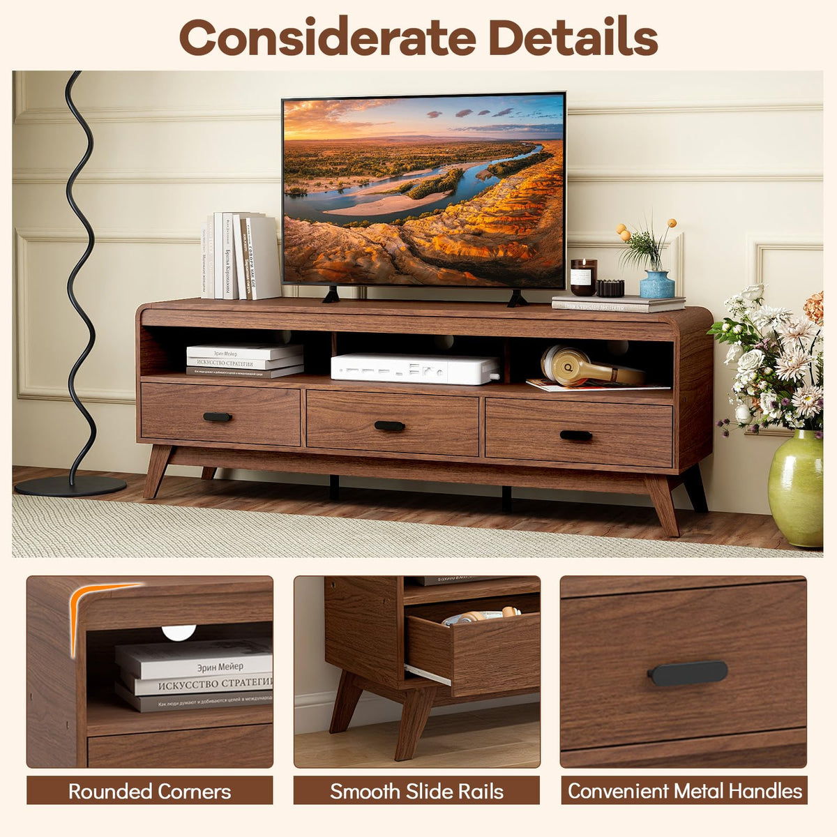 Goflame TV Stand for 60-70 Inch TV Mid-Century Modern Entertainment Center with 3 Storage Drawers
