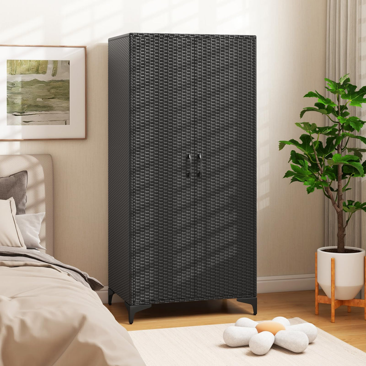 Goflame Wicker Storage Cabinet, 62” Tall Pantry Cabinet with 2 Doors, Hanging Rod, 4 Storage Cubes