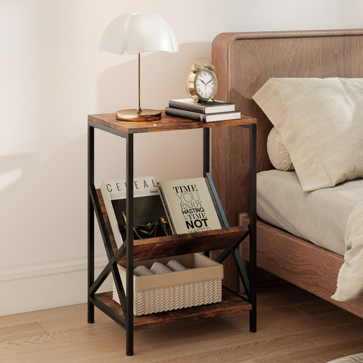 Goflame Record Player Stand, 3-Tier End Table w/ V-Shaped Magazine Holder, Turntable Stand with Record Storage Up to 80 Albums