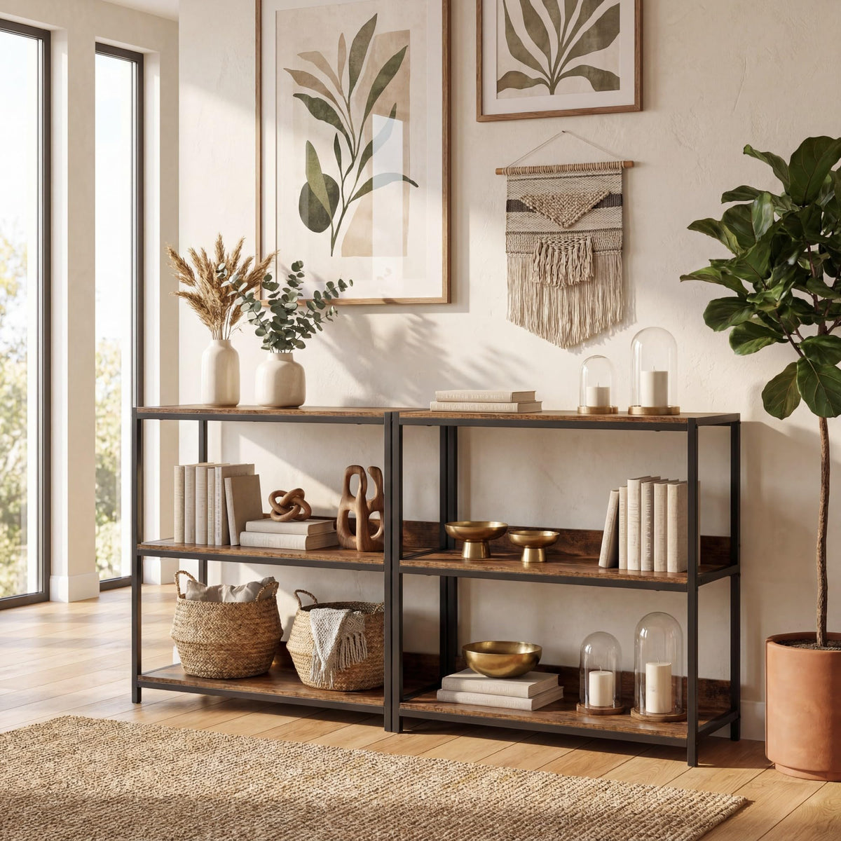 Goflame Industrial 3-Tier Small Bookshelf with Wooden Shelves and Metal Frame