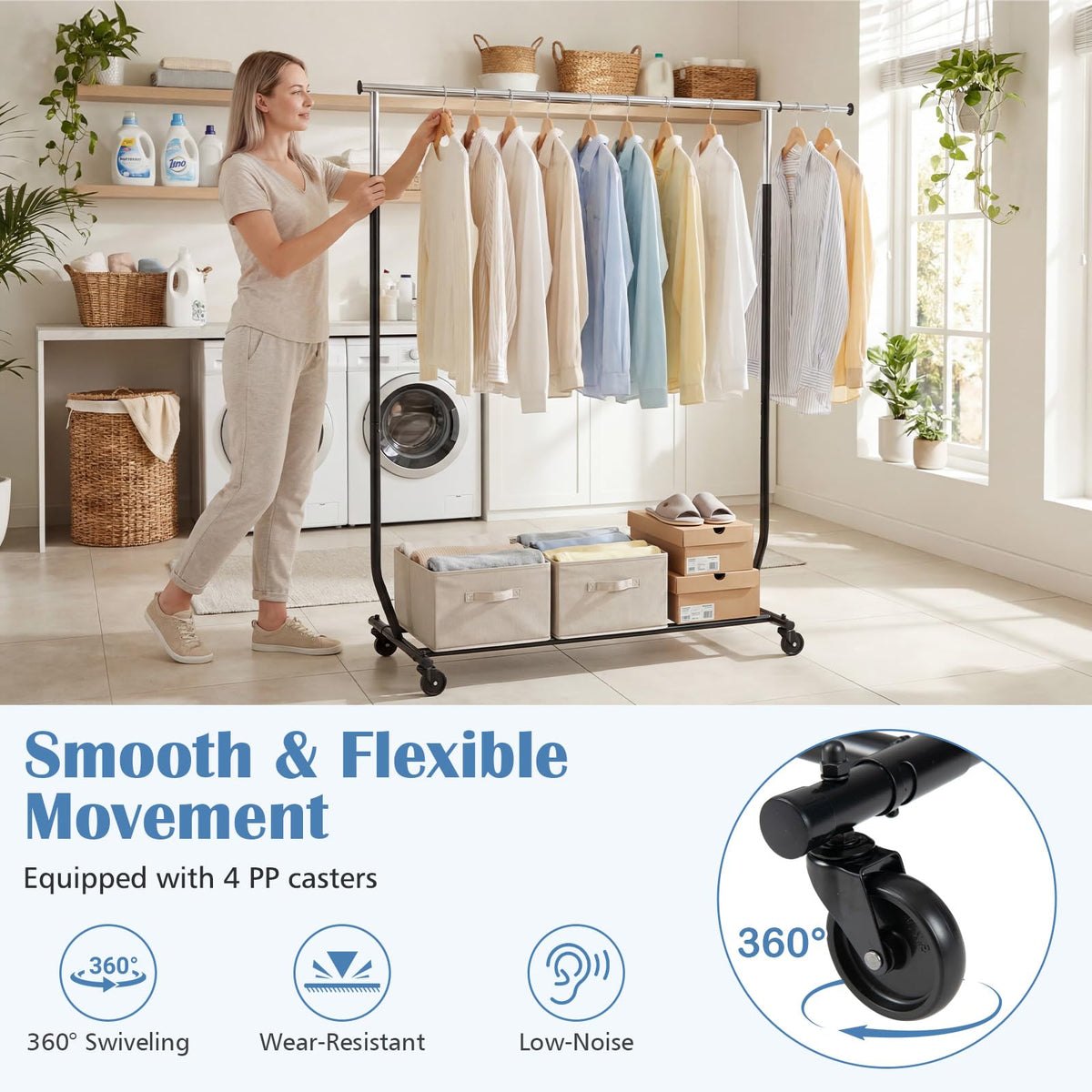 Goflame Extendable Heavy-Duty Rolling Clothing Rack for Hanging Clothes