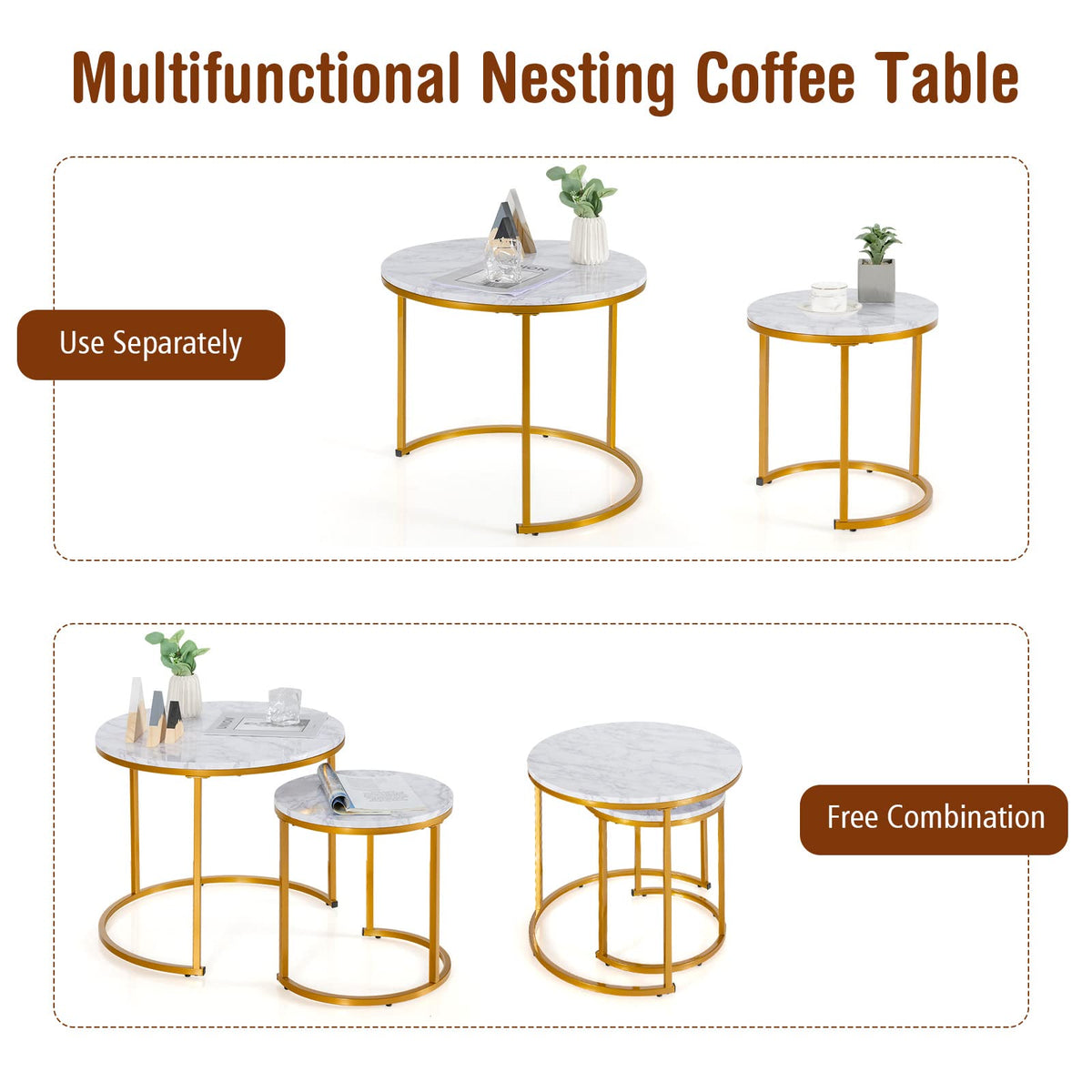 Goflame Nesting Coffee Table Set of 2, Round Stacking Side Tables with Wooden Tabletop & Powder Coated Steel Frame