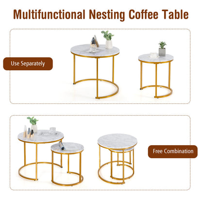 Goflame Nesting Coffee Table Set of 2, Round Stacking Side Tables with Wooden Tabletop & Powder Coated Steel Frame