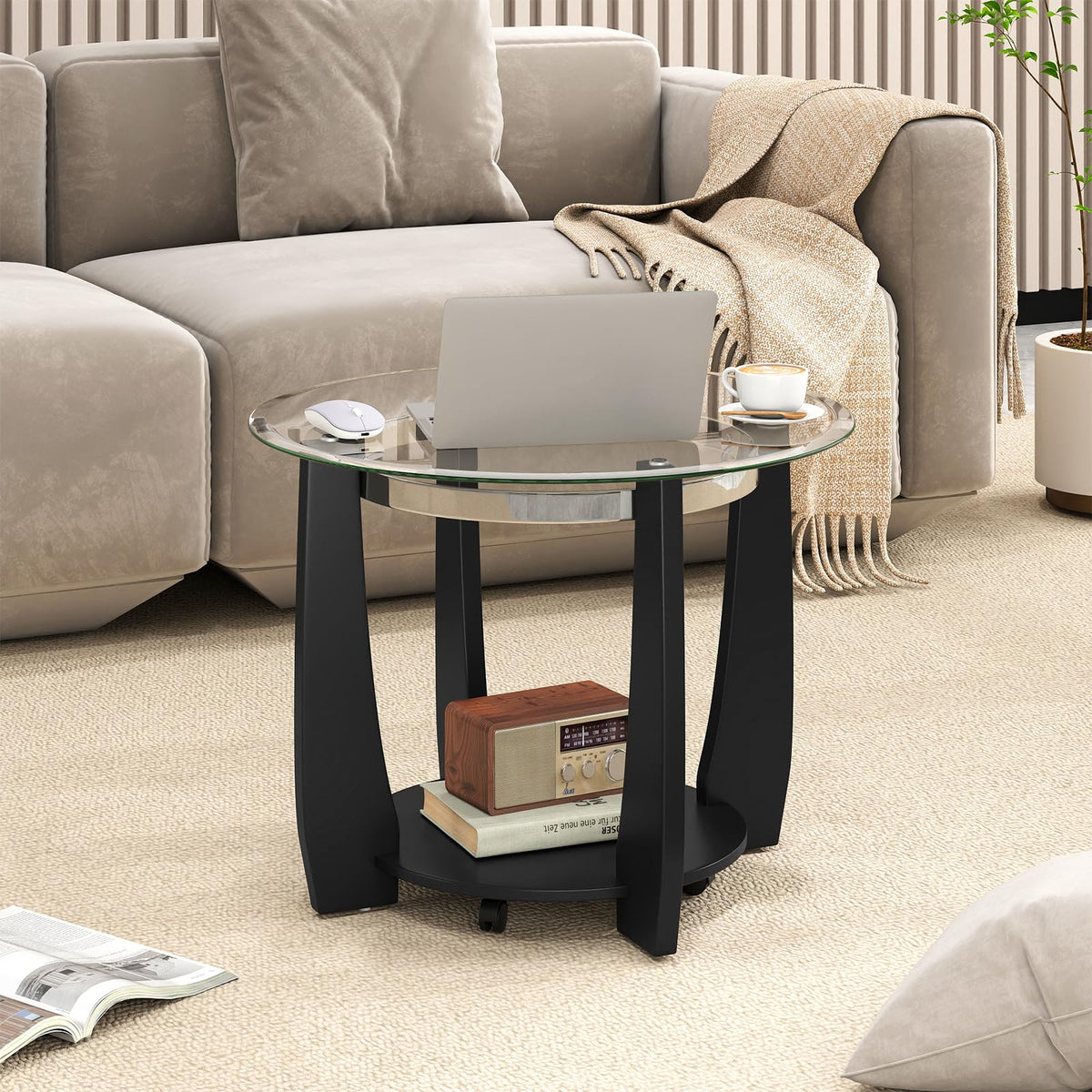 Goflame Round Glass Coffee Table 32" Rolling Center Tables with Wheels