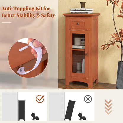 Goflame Small Bathroom Storage Cabinet, Freestanding Narrow Bathroom Cabinet with Single Glass Door, Drawer