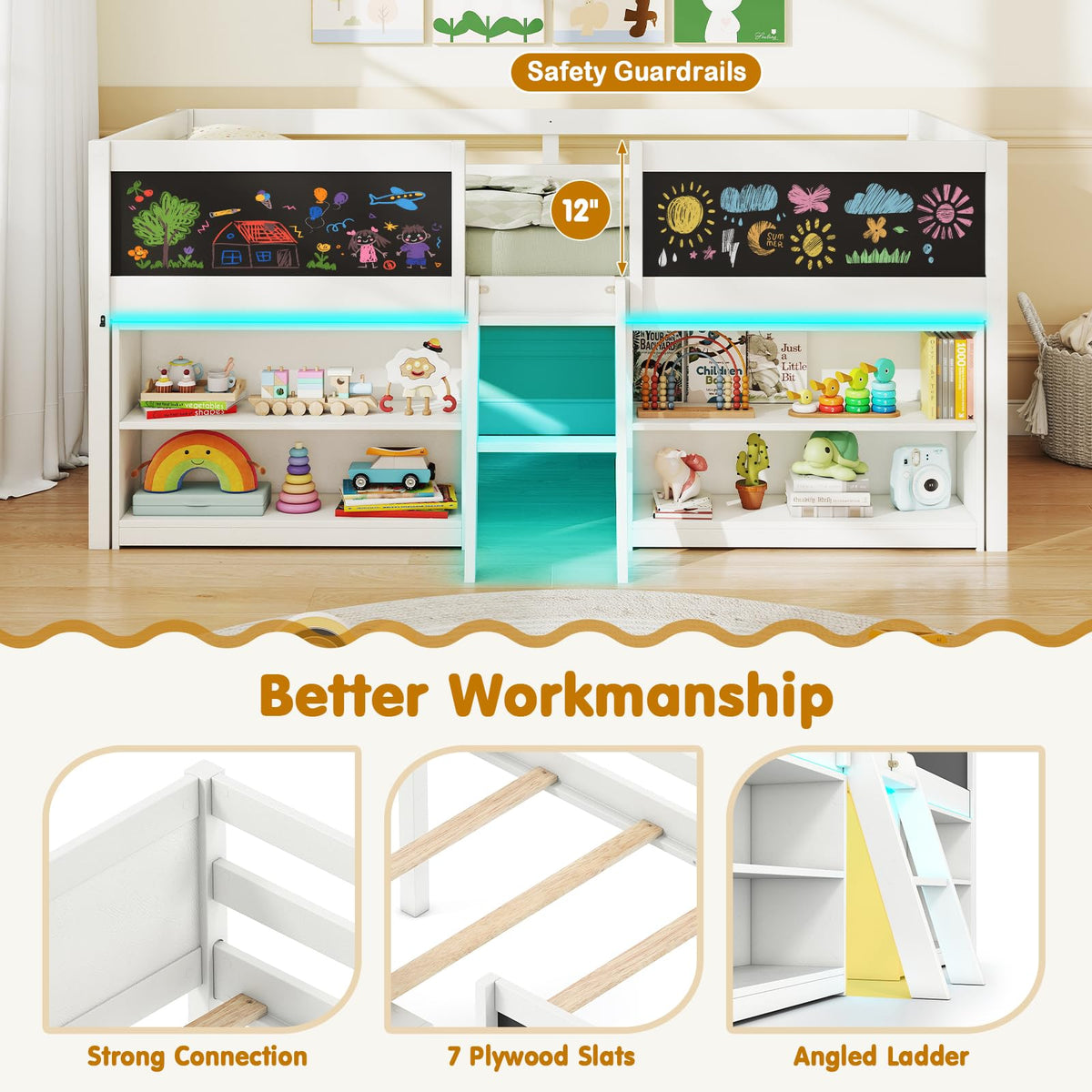Goflame Low Loft Bed with Storage 2 Bookcases and Play Space