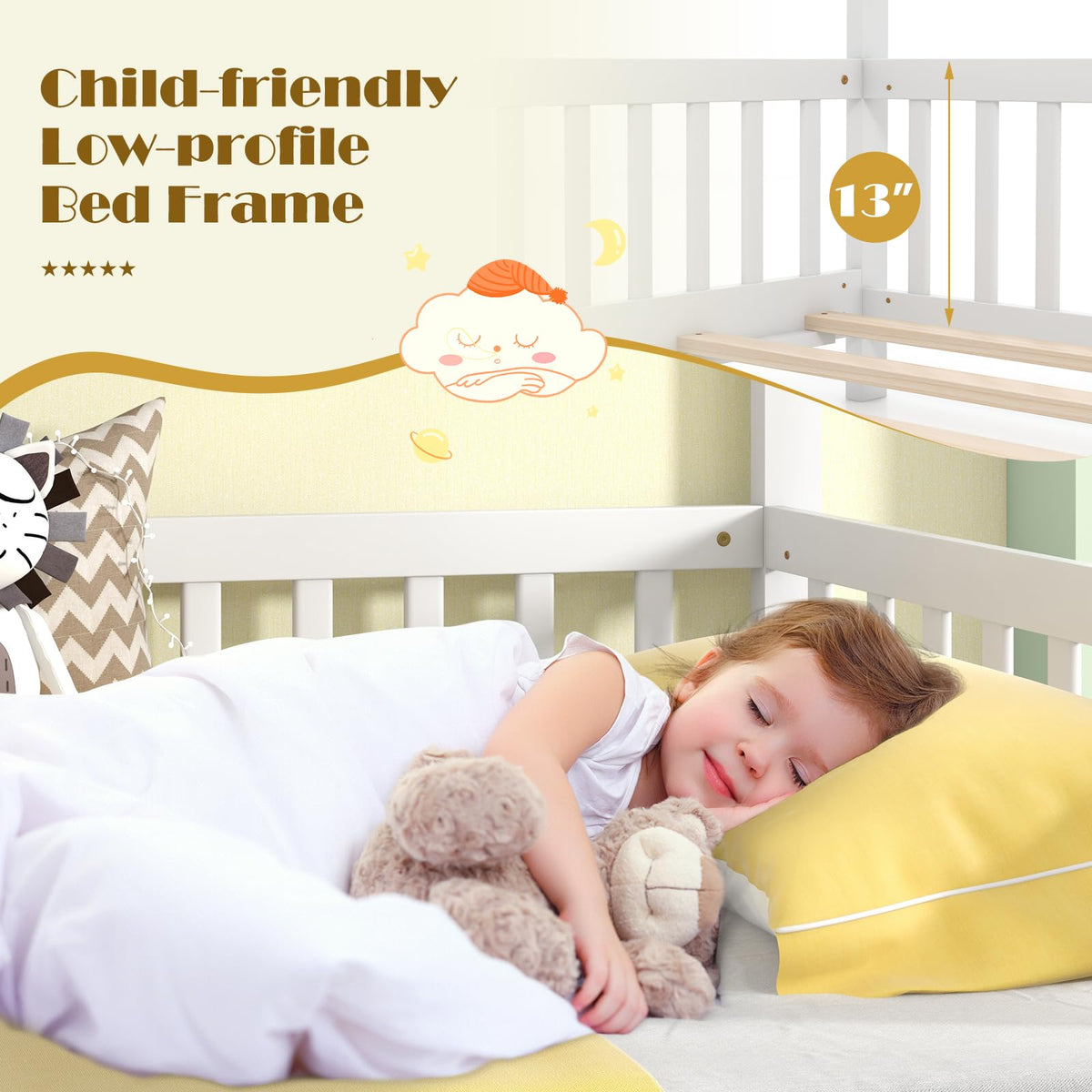 Goflame Extendable House Bed for Kids, Twin to King Daybed with Roof & Fence Rails, Wood Kids Bed Frame for Teens