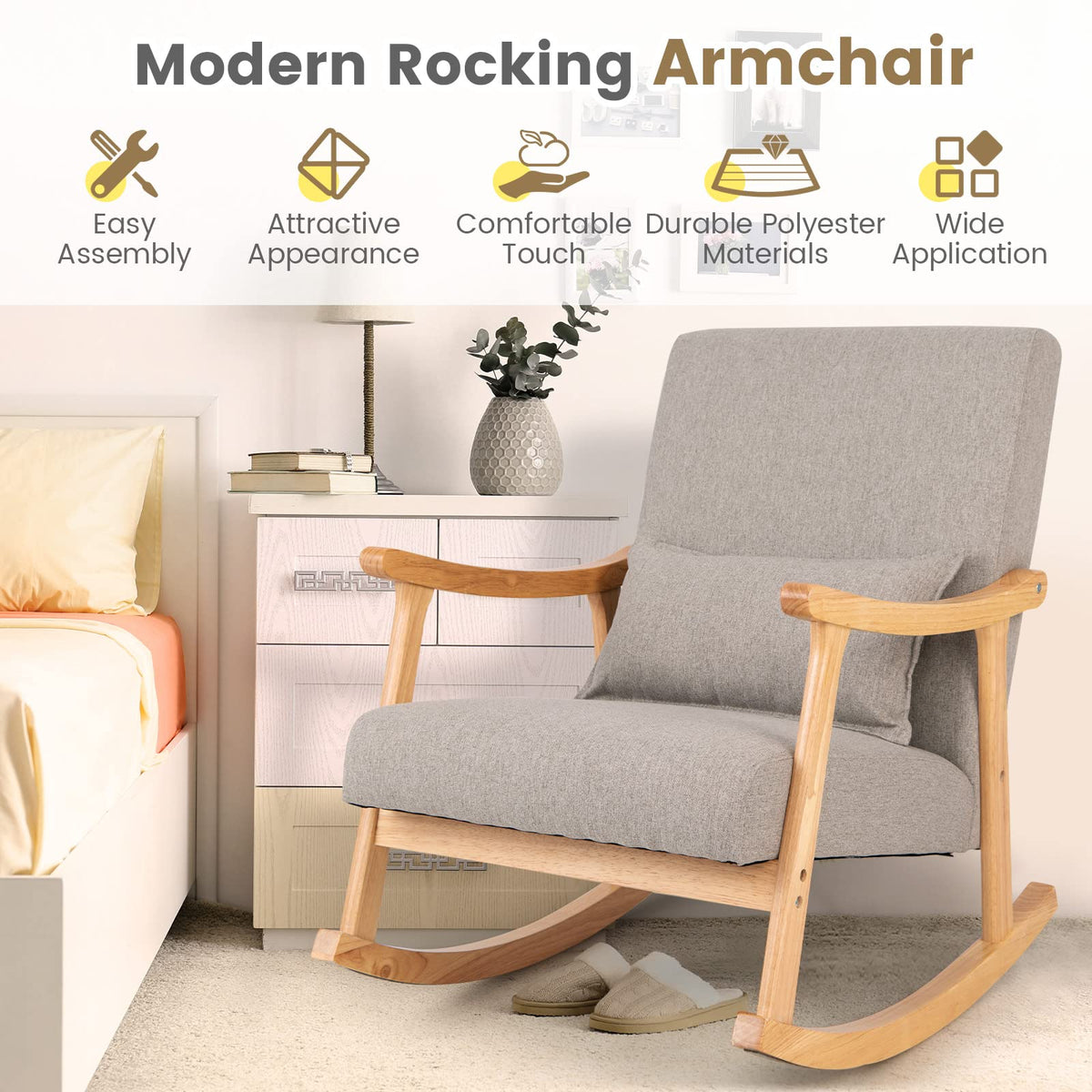 Goflame Upholstered Rocking Chair - Modern Rocker with Rubber Wood Frame, Comfy Backrest & Seat