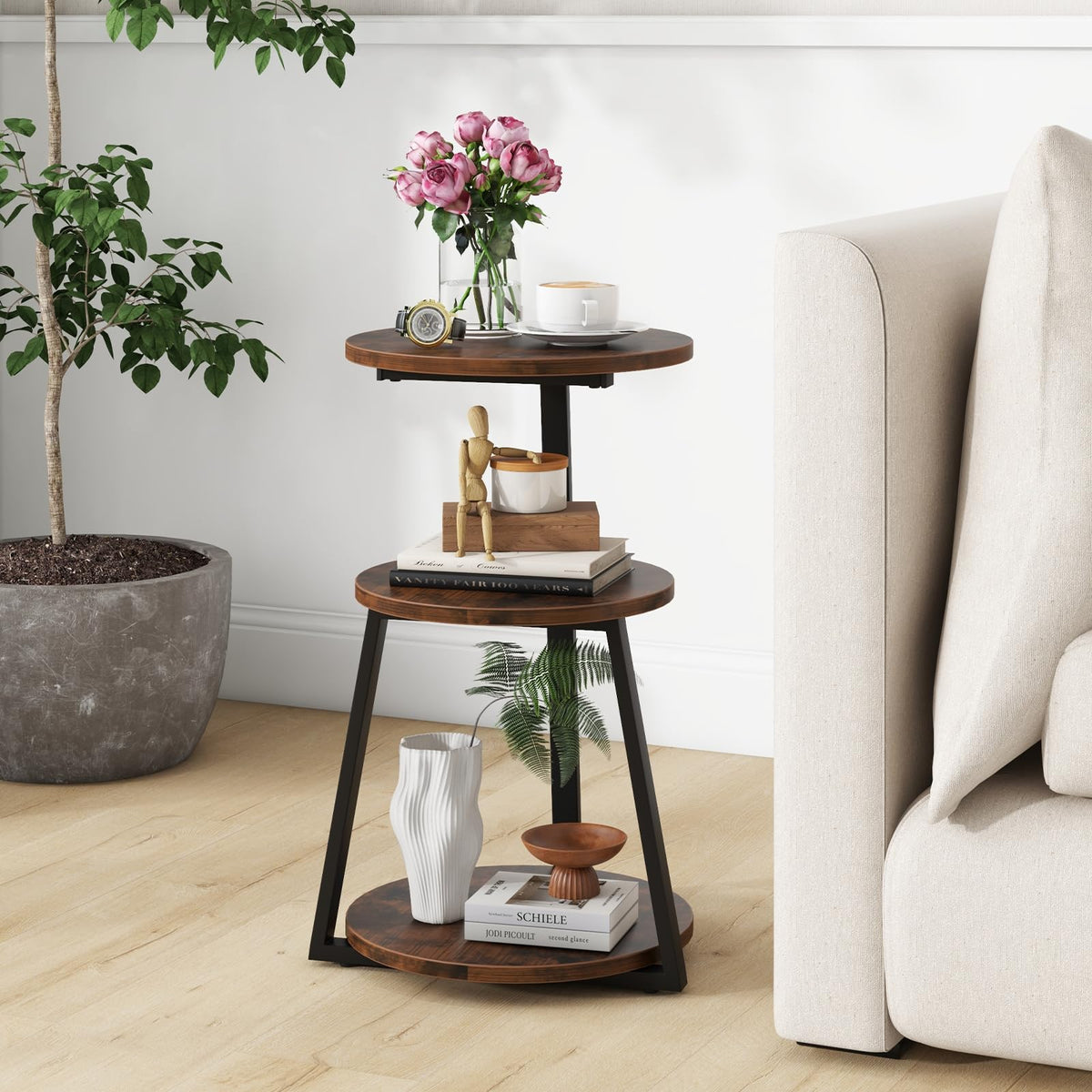 Goflame Round End Table, Industrial Side Table with Sturdy Metal Frame, Coffee Table, 3-Tier Bedside Table for Bedroom, Living Room