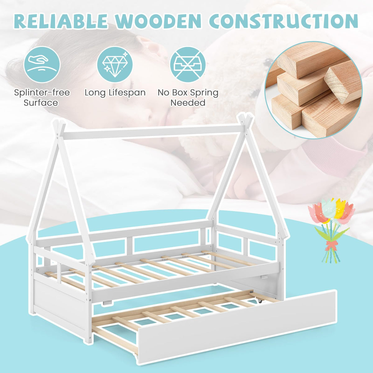 Goflame Twin House Bed with Trundle, Wood Montessori Tent Bed Frame with Safety Guardrail