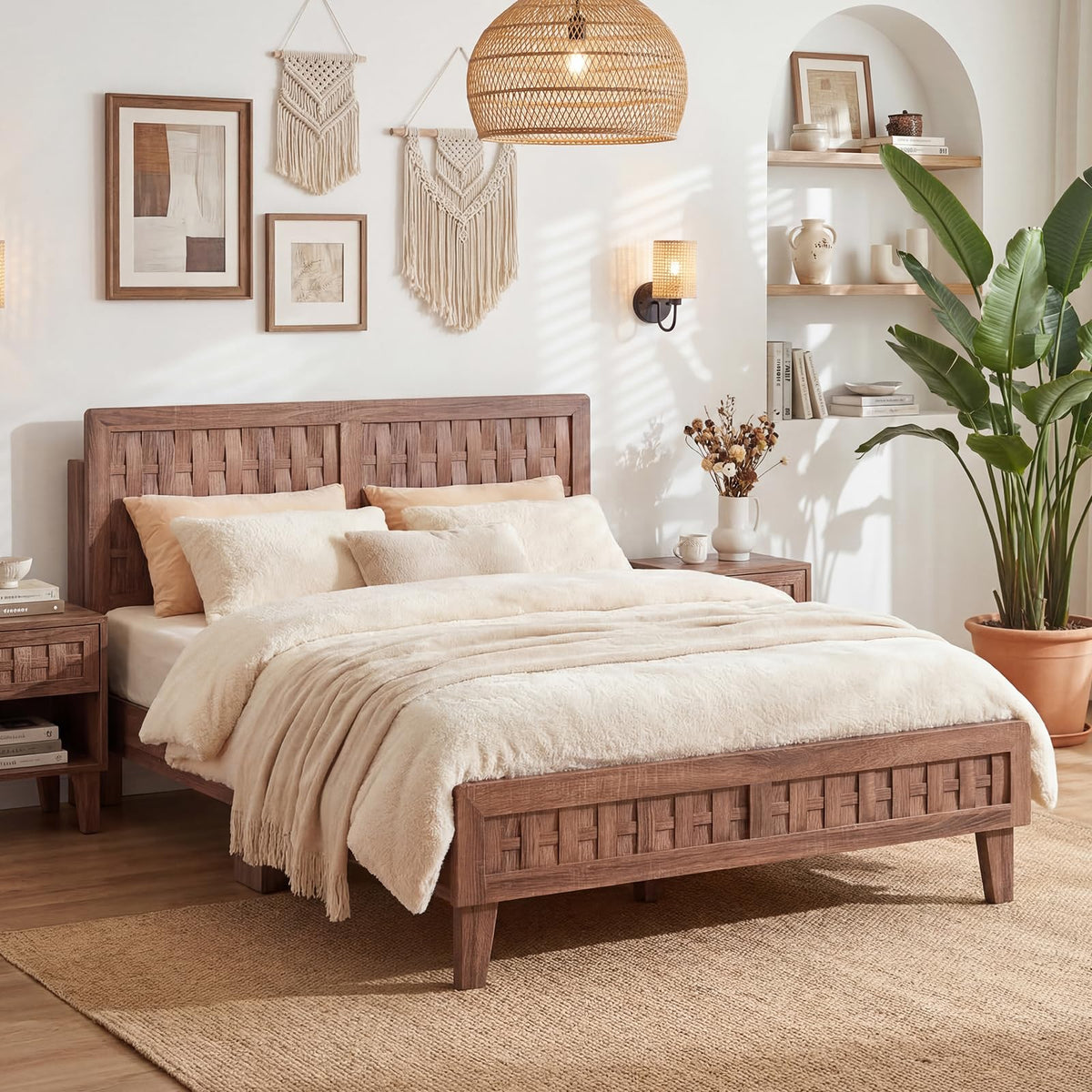 Goflame Wood Bed Frame with Woven Headboard (Full/Twin/Queen)